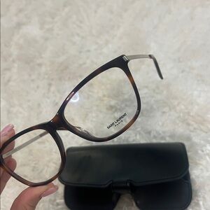 Saint Laurent SL 453 eyeglasses in a dark Havana (tortoiseshell) color